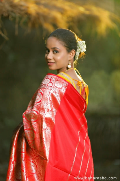 maroon with Golden Zari Leaves Art Handloom Katan Pure Silk Saree