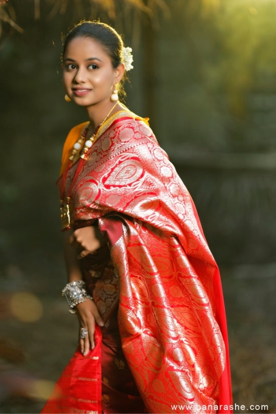 maroon with Golden Zari Leaves Art Handloom Katan Pure Silk Saree