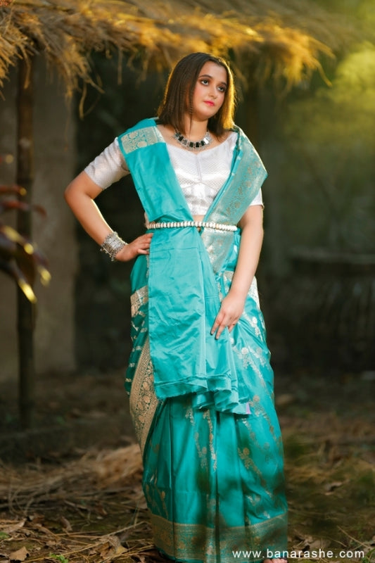 Turquoise Green with Zari Art Handloom Katan Pure Silk Saree