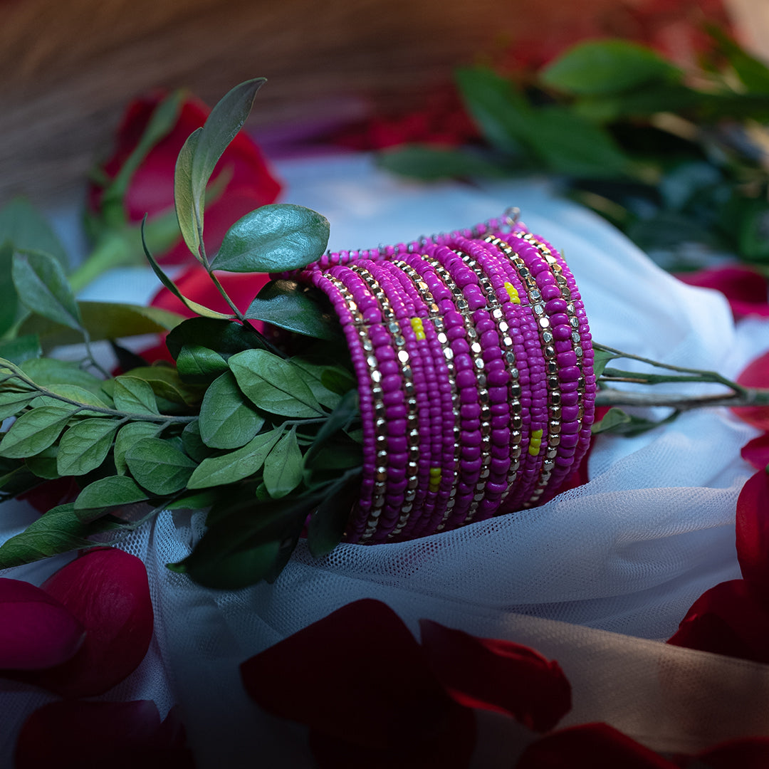 26-Layered Multi-Mix Handcuff Bangle – Green, Turquoise, Baby Pink, Cobalt Brown & Metal Beads