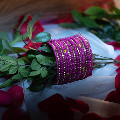 26-Layered Multi-Mix Handcuff Bangle – Green, Turquoise, Baby Pink, Cobalt Brown & Metal Beads