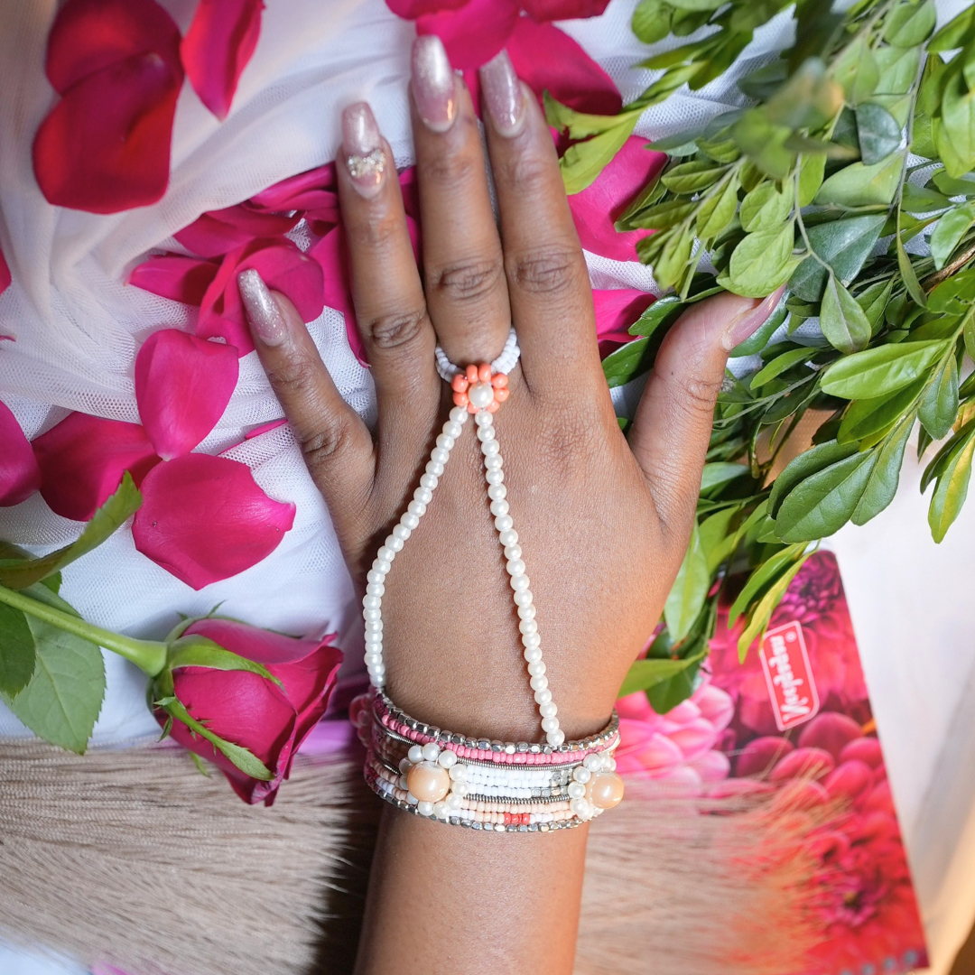Bloom Cascade Cuff Ring – 5-Layer Multicolor Bracelet with Floral Center & Linked Finger Ring