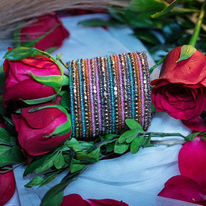 20-Layered Multi-Mix Handcuff Bangle – Green, Turquoise, Baby Pink, Cobalt Brown & Metal Beads