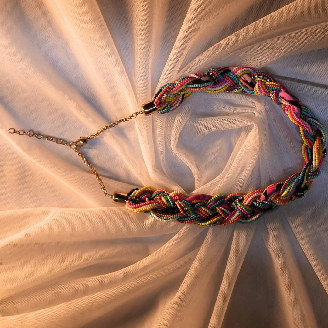 Boho Luxe Twist Necklace – Multicolor Seed Beads, Crystal Chain & Designer Fabric
