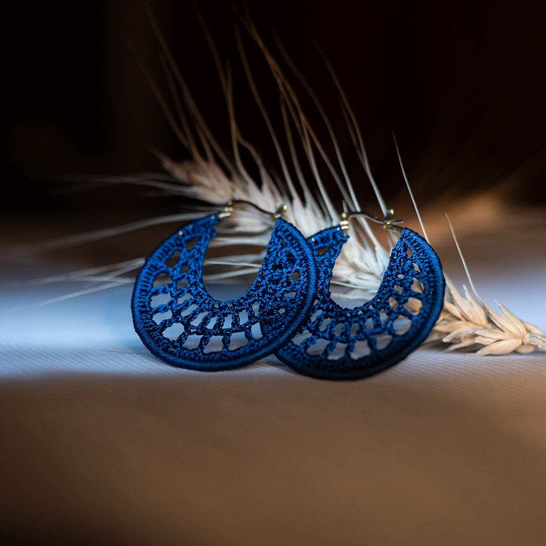 Navy Blue Crochet Earrings – Handmade with Nylon 3-Ply Thread