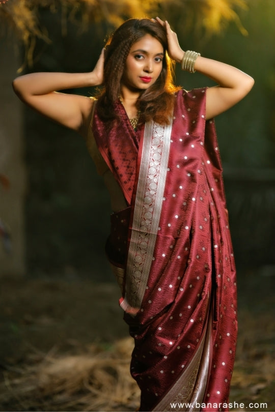 Maroon with Booti Work Zari Art Handloom Katan Pure Silk Saree