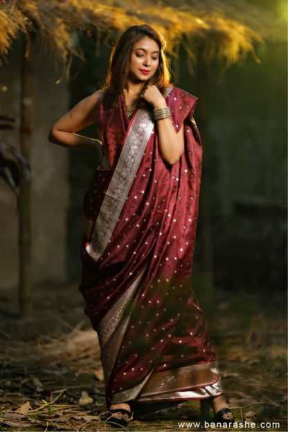 Maroon with Booti Work Zari Art Handloom Katan Pure Silk Saree