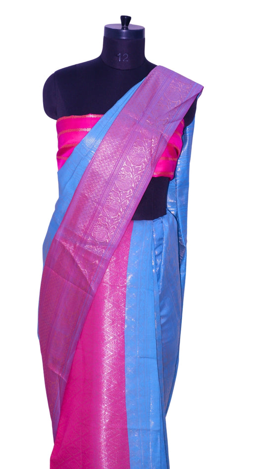 Blue & Magenta with Pink Contrast Banarasi Silk Saree
