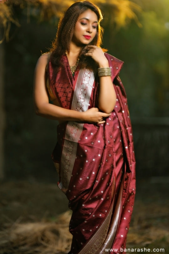 Maroon with Booti Work Zari Art Handloom Katan Pure Silk Saree