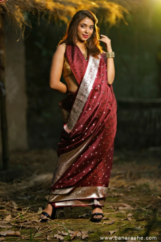 Maroon with Booti Work Zari Art Handloom Katan Pure Silk Saree