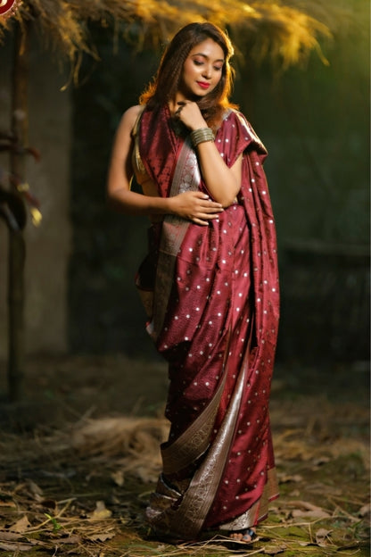 Maroon with Booti Work Zari Art Handloom Katan Pure Silk Saree