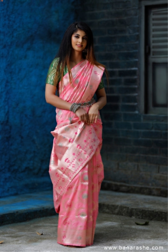 Baby Pink Handloom Katan Pure Silk Saree