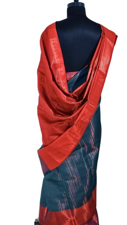 Blue with Pink Border Banarasi Silk Saree