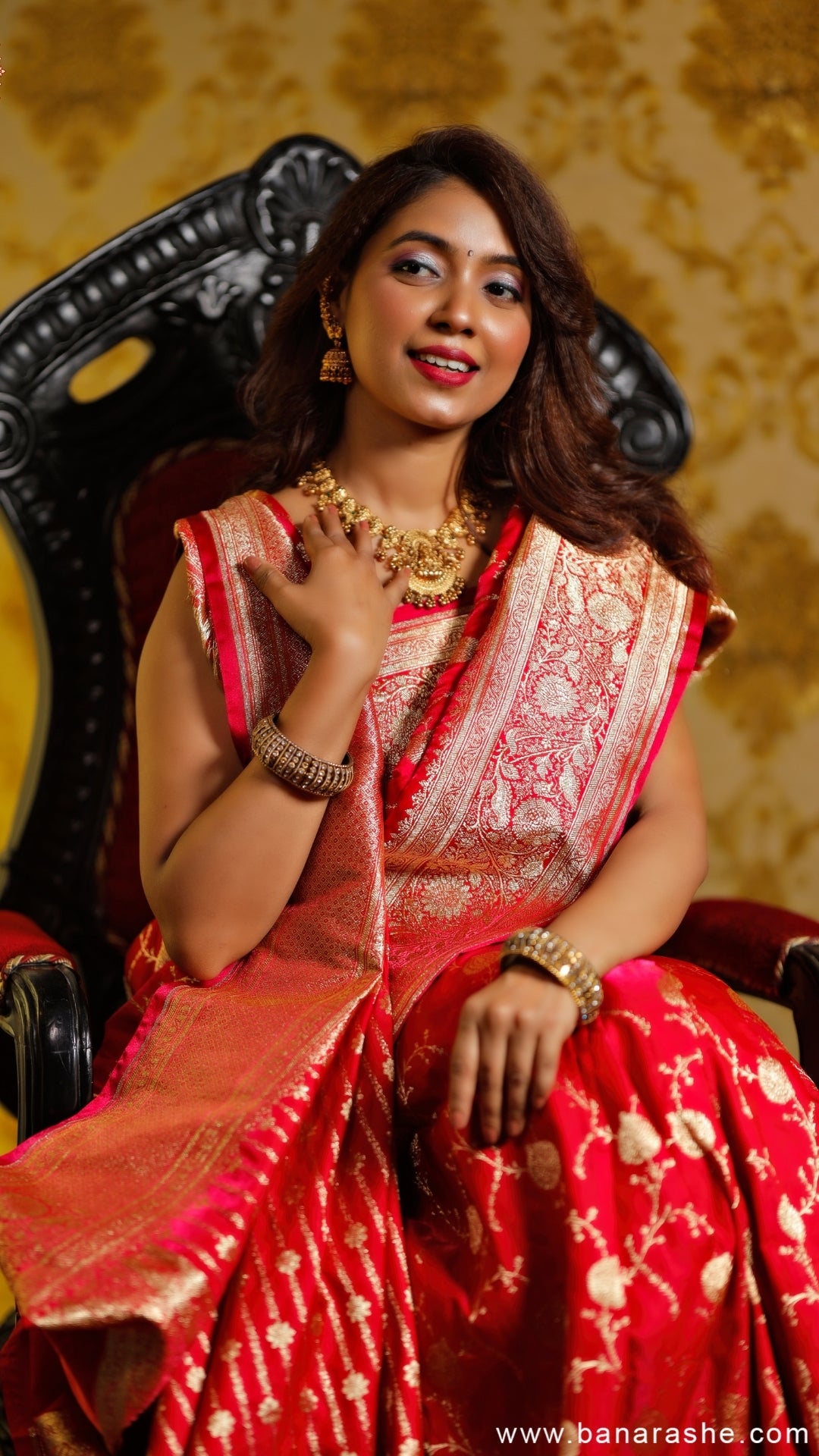 Rose Red Katan Silk Banarasi Saree