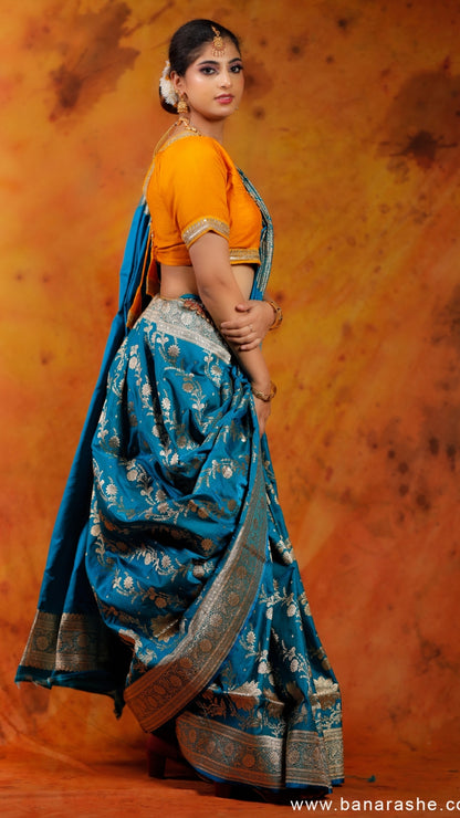 Blue Dual Silver Zari Pure Katan Silk Banarasi Saree