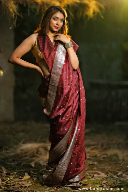 Maroon with Booti Work Zari Art Handloom Katan Pure Silk Saree