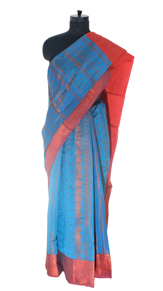 Blue with Orange and Golden Zari Contrast Banarasi Silk Saree
