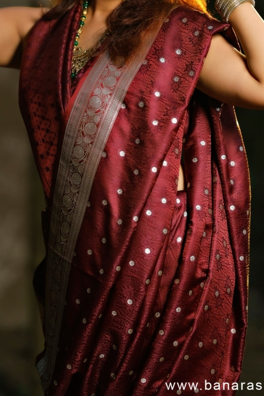 Maroon with Booti Work Zari Art Handloom Katan Pure Silk Saree