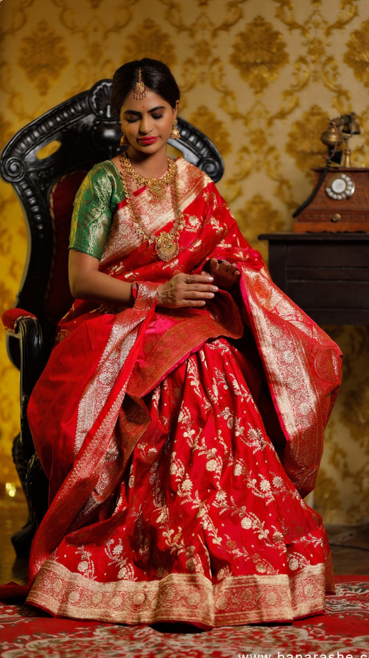 Red With Green Blouse Katan Silk Banarasi Saree