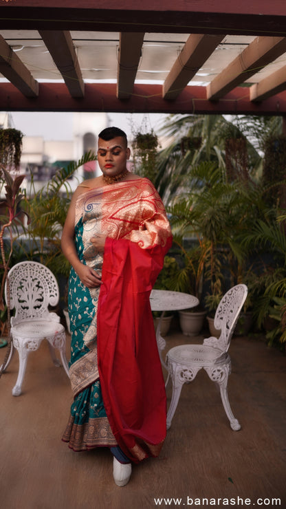 Teal Green and Red with Silver Zari Art Work Handloom Katan Pure Silk Saree
