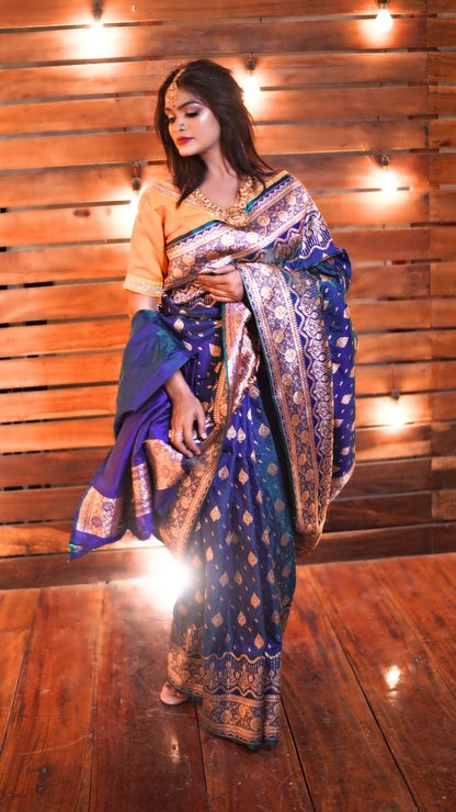 Blue with Silver Zari Brocade Pure Katan Silk Banarasi Saree
