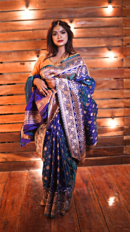 Blue with Silver Zari Brocade Pure Katan Silk Banarasi Saree