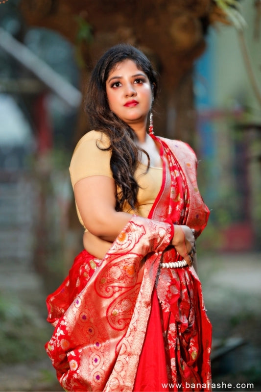 Red with Jaal Work Handloom Katan Pure Silk Saree