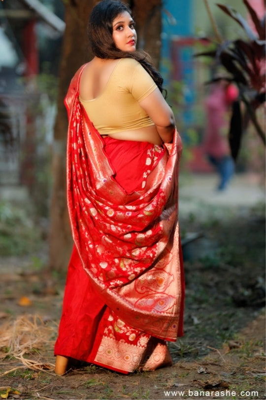 Red with Jaal Work Handloom Katan Pure Silk Saree