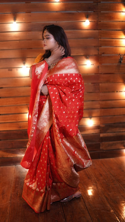 Classic Red Pure Katan Silk Banarasi Saree
