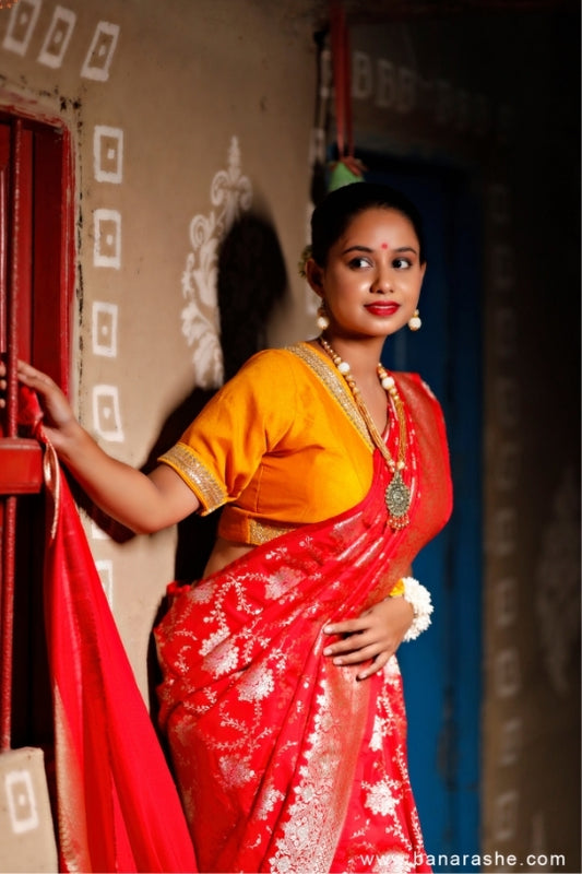 Red with Jaal Zari Work Handloom Katan Pure Silk Saree