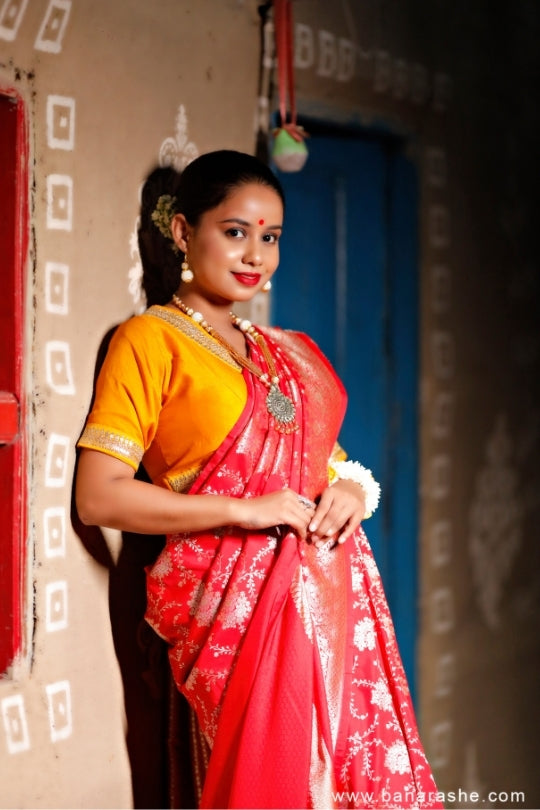 Red with Jaal Zari Work Handloom Katan Pure Silk Saree