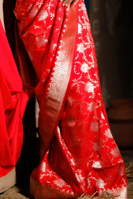 Red with Jaal Zari Work Handloom Katan Pure Silk Saree