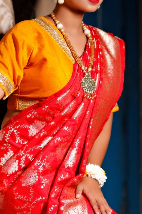 Red with Jaal Zari Work Handloom Katan Pure Silk Saree