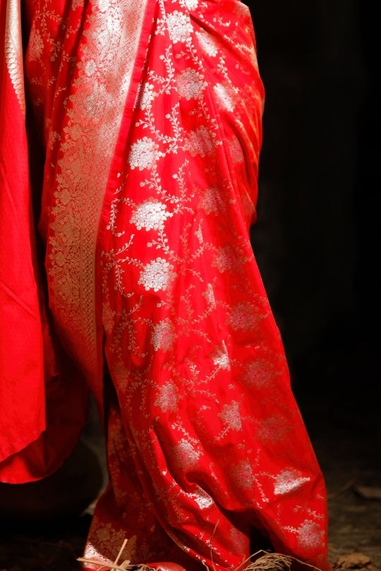 Red with Jaal Zari Work Handloom Katan Pure Silk Saree