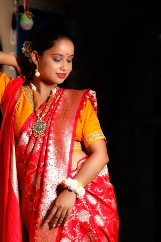 Red with Jaal Zari Work Handloom Katan Pure Silk Saree