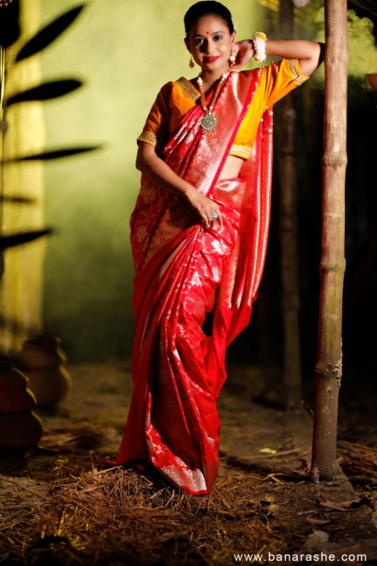Red with Jaal Zari Work Handloom Katan Pure Silk Saree