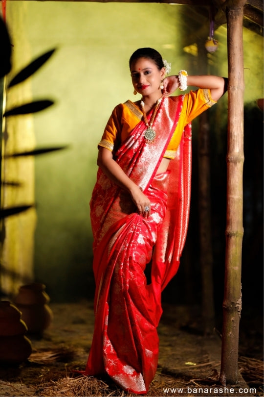 Red with Jaal Zari Work Handloom Katan Pure Silk Saree