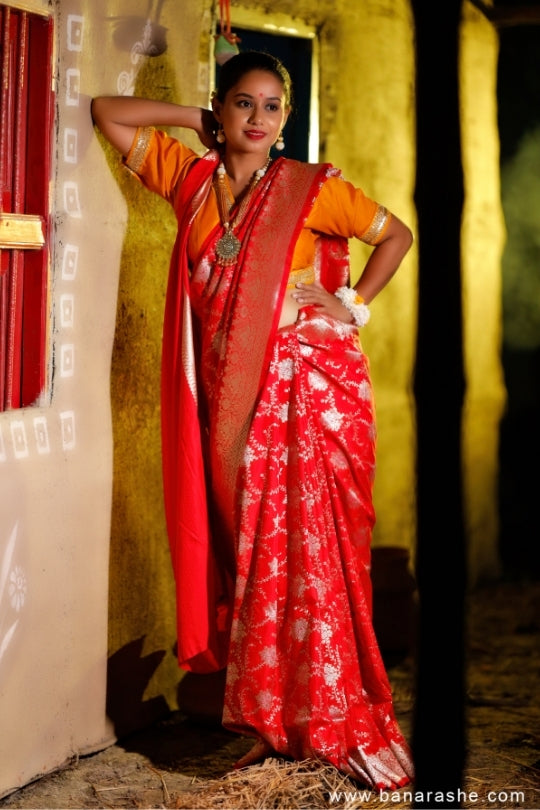 Red with Jaal Zari Work Handloom Katan Pure Silk Saree
