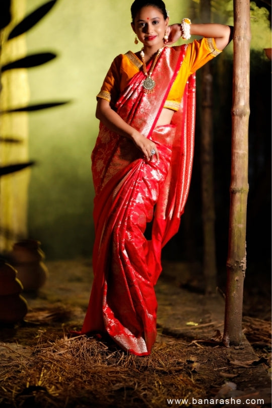 Red with Jaal Zari Work Handloom Katan Pure Silk Saree