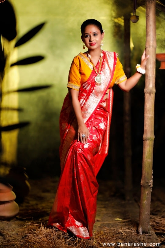 Red with Jaal Zari Work Handloom Katan Pure Silk Saree