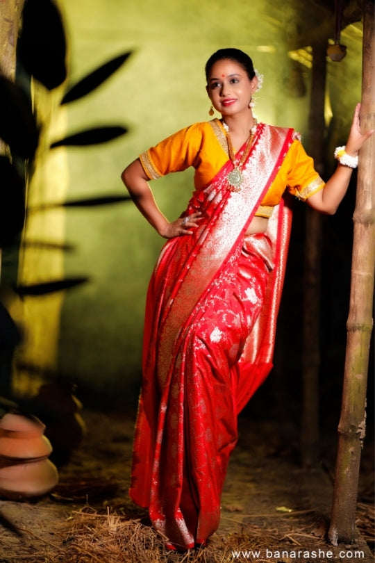 Red with Jaal Zari Work Handloom Katan Pure Silk Saree