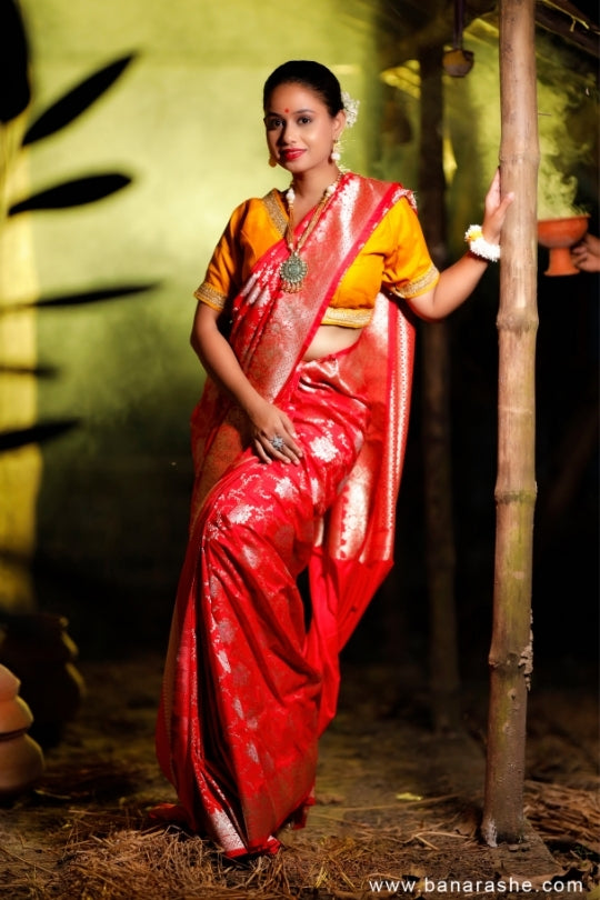 Red with Jaal Zari Work Handloom Katan Pure Silk Saree