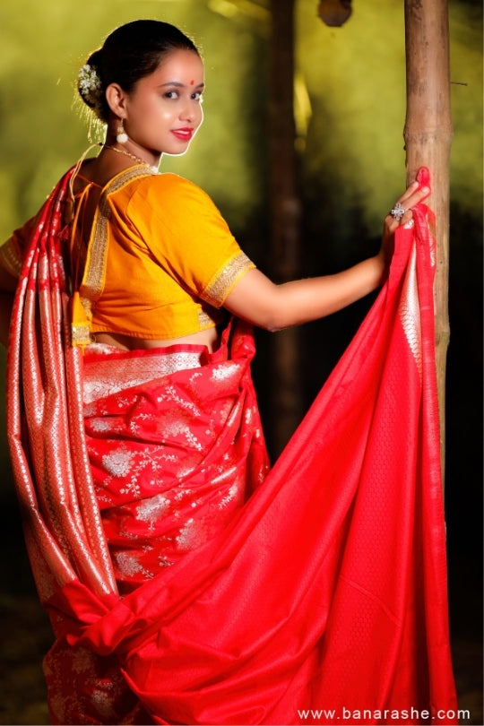 Red with Jaal Zari Work Handloom Katan Pure Silk Saree