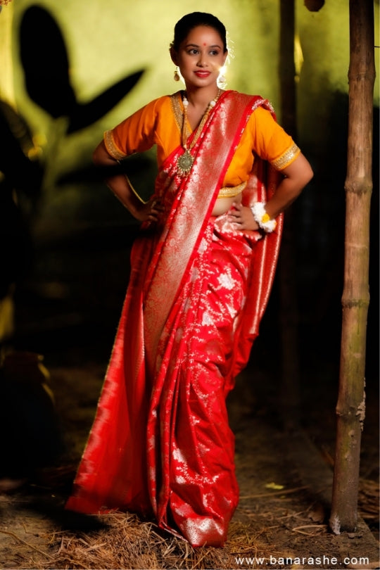 Red with Jaal Zari Work Handloom Katan Pure Silk Saree