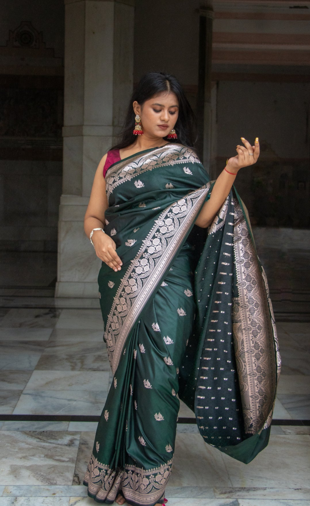 Dark Green Katan Mashru Silk Saree