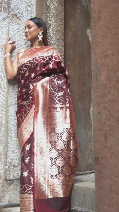 Royal Durga Shakti Banarasi Saree – Sindoor Maroon with Silver Zari