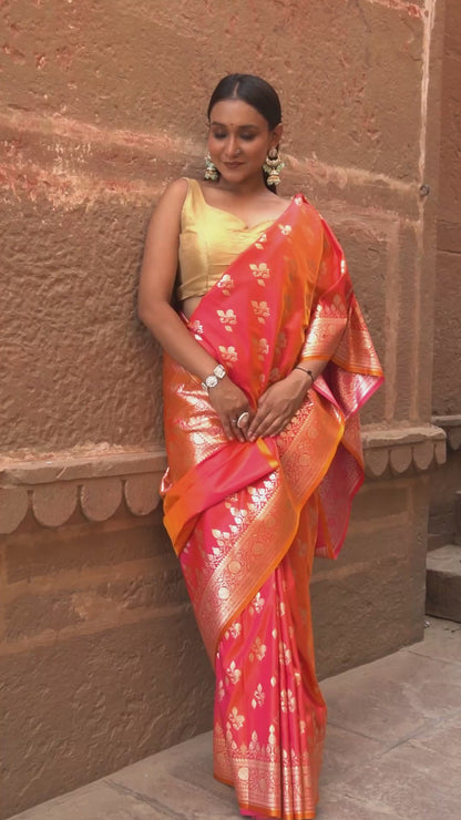 Vibrant Harmony – Red & Orange Contrast Banarasi Saree with Ethnic Woven Motifs
