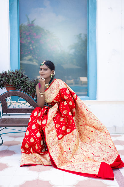 Red with Hot Yellow with Zari Pure Banarasi Silk Saree