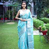 Monjolika Fashion Women's Banarasi Silk Saree With Blouse Piece (Light Blue)