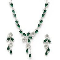 ZENEME Silver Plated Brass Rhodium Coated Emerald & Tear Drop Crystal American Diamond Necklace With Earring Jewellery Set For Women